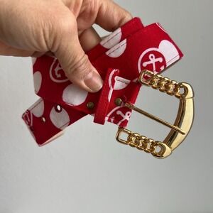 Vintage Red Polka Dot Anchor Print Statement Belt Gold chain Buckle Nautical